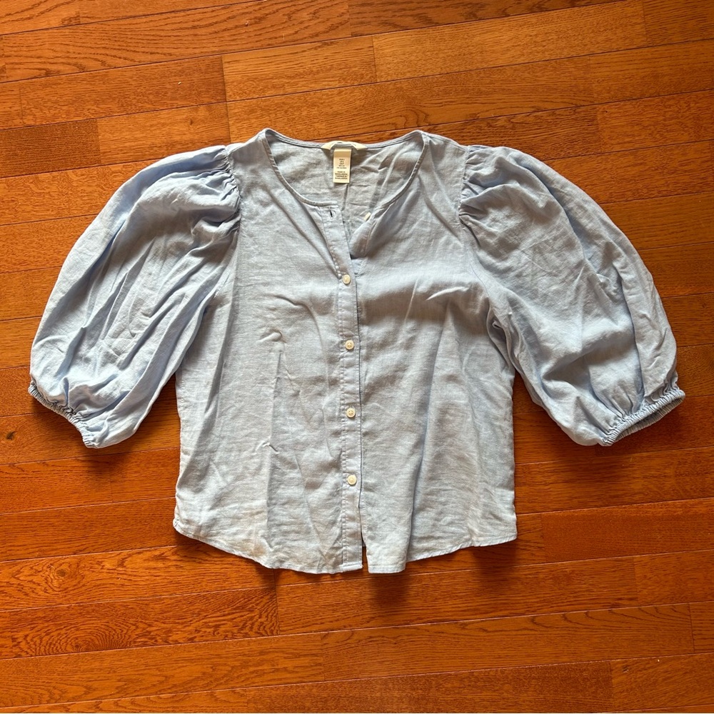 H&M Linen Blend Button Up Puff Sleeve Shirt Light Blue